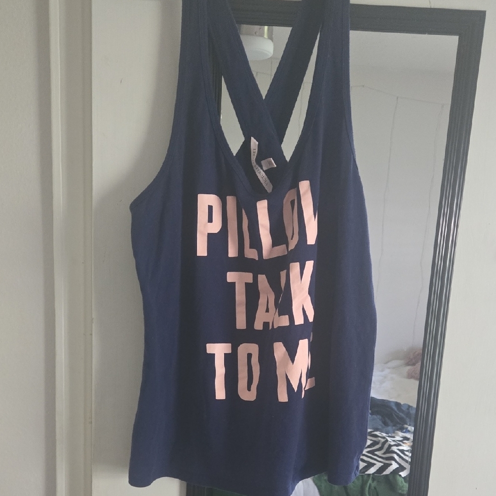 PINK Victoria's Secret Dark Blue Tank with Light Pink Text Pillow talk to me